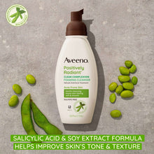 Aveeno foaming cleanser bottle with brown pump, Positively Radiant label