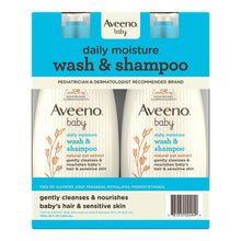 Aveeno baby daily moisture wash & shampoo, twin pack box front with two bottles