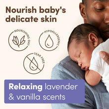 Aveeno baby bath body wash relaxing lavender & vanilla scents; parent holding baby