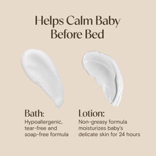 Aveeno baby calming comfort bath and lotion set with white cream and lotion swatches