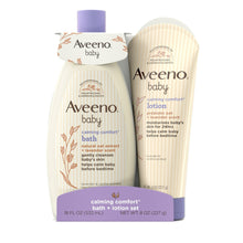 Aveeno baby calming comfort bath and body lotion set, bottle and tube with lavender caps