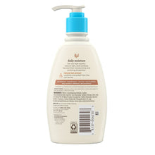 Baby wash & shampoo pump bottle back view, white bottle with blue pump, 12 fl oz
