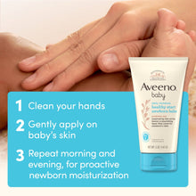Aveeno Baby newborn balm tube near hand and baby-care application steps