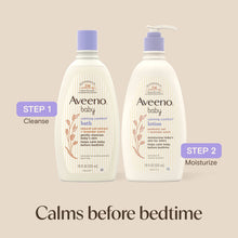 Aveeno baby bath bottles with lavender caps, 18 fl oz shown side by side