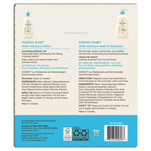 Aveeno baby daily moisture wash & shampoo and lotion set, back panel with directions