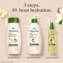 Aveeno daily moisturizing body wash bottle in a 3-step routine lineup