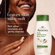 Aveeno daily moisturizing body wash bottle with rich lather on skin