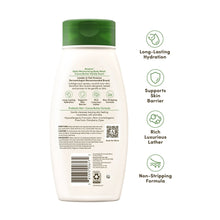 Aveeno daily moisturizing body wash bottle back label, long-lasting hydration icons