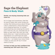 Sage the Elephant Face & Body Wash label with gentle non-drying kids message