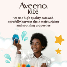 Aveeno Kids oat extract soap bottle with teal pump held by smiling child