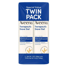 Aveeno therapeutic shave gel twin pack, blue and white can cartons