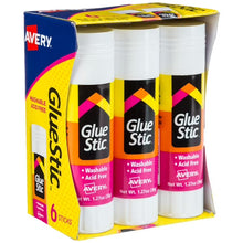 Avery white glue stick pack with six sticks, boxed