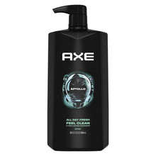 Axe Apollo body wash bottle with pump, front label and scent badge