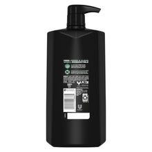 Men's body wash bottle with black pump, back label panel visible