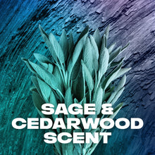 Sage and cedarwood scent graphic with green leaves and bold scent text