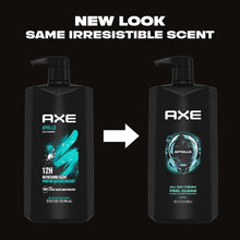 Two Axe Apollo body wash bottles with arrow graphic, pump tops visible