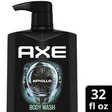 Axe Apollo body wash bottle with pump, front label and “32 fl oz” detail