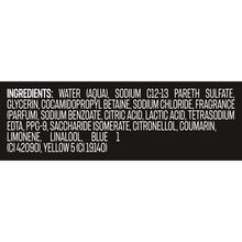 Body wash ingredients text label panel, shown on the bottle back