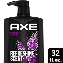 AXE Excite body wash bottle with purple splash and 32 fl oz badge