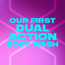 Dual action body wash promotional graphic with colorful 'OUR FIRST' text