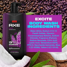 AXE Excite body wash bottle with 'Excite Body Wash Ingredients' text panel