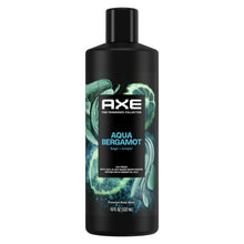 Axe body wash bottle, black with Aqua Bergamot label and green leaf accents