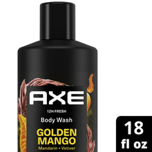 Golden Mango body wash bottle front label, AXE text, black cap, 18 fl oz