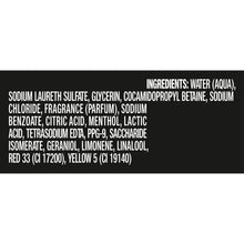 Body wash ingredients panel listing water, glycerin, fragrance, and preservatives