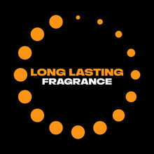 Long lasting fragrance badge graphic with orange dots