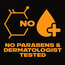 No parabens & dermatologically tested badge graphic with orange symbols