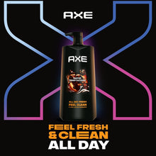 AXE Dark Temptation body wash bottle with "Feel fresh & clean" design