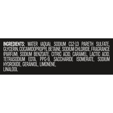 Body wash ingredients text list on white background