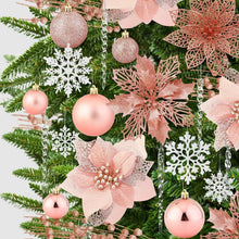 Christmas decoration set: pink glitter baubles, white snowflakes, and rose poinsettia flowers