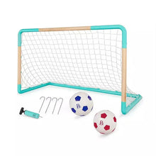 Mini soccer goal net with teal frame, two soccer balls, and pump accessory