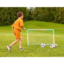 Kids soccer goal net with teal frame and two printed soccer balls