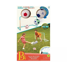Kids soccer goal net set with three balls shown on retail box packaging