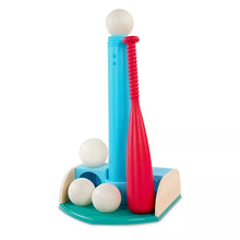 Blue and red tee-ball launcher with white ball base and foam balls