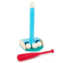 Blue tee-ball launcher with white foam balls and red bat