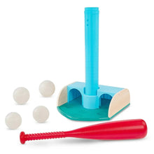 Blue tee-ball base with white foam balls and red foam bat