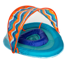 Blue baby pool float with striped canopy and cushioned inner ring for infants