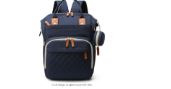 Waterproof diaper bag backpack, blue, front pocket, side bottle holders, shoulder straps.