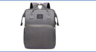 Gray diaper bag backpack with front pocket, zip closure, and top handle