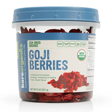 Sun-dried goji berries tub with blue lid and front label, net wt 8 oz