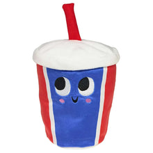 Plush drink cup dog toy with big cartoon face, blue sides, red top handle
