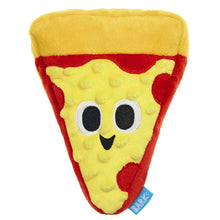 Plush pizza slice dog toy with yellow cheese, red crust, and smiling face