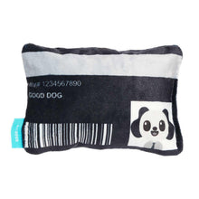 Plush dog bone toy with panda face, black-and-white stripes, barcode print