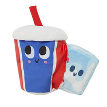 Plush drink cup dog toy with smiling face, blue body, red straw