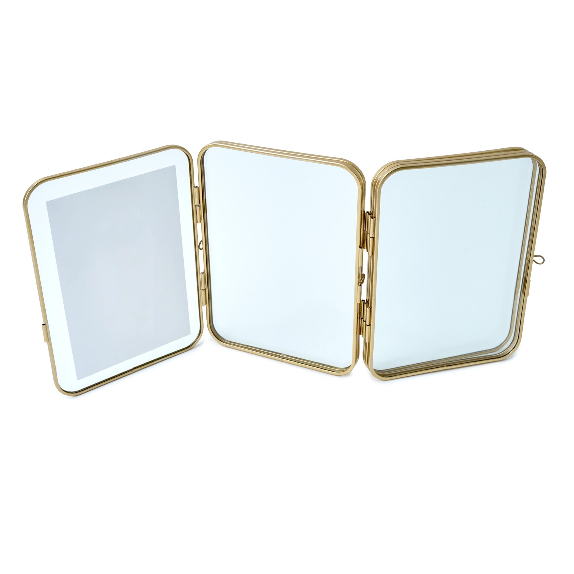 Beautiful 3 Piece Gold Metal Folding Picture Frame by Drew Barrymore - Fits 5x7 and 4x6 Photos - Multi Picture Frame for Collage Display - Gold Photo Frame Set for Family, Graduation, Mother’