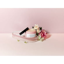 Travel body scrub jar with pink tub on clear tray, jasmine & rose label