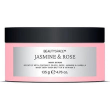 Travel-sized jasmine and rose body scrub jar with pink tub and black lid